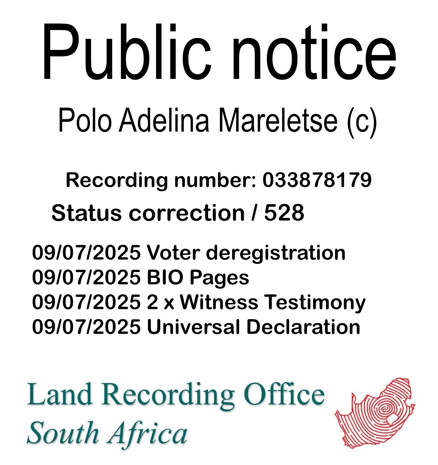 Public notice Polo Adelina Mareletse (c) Recording number 033878179